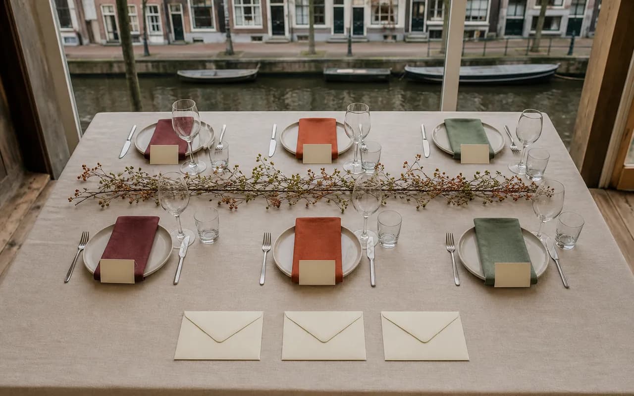 Zes couverts in drie gastgroepen met verschillende kleuren en drie blanco enveloppen