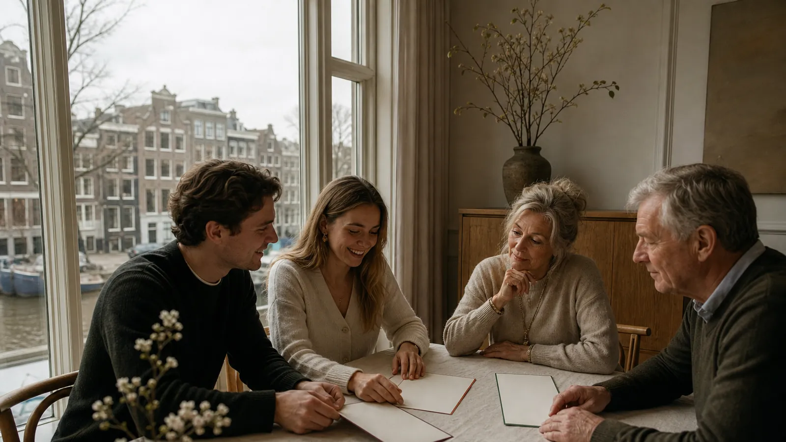Een stel en twee familieleden bespreken drie taalversies van de uitnodiging aan tafel aan een Amsterdamse gracht