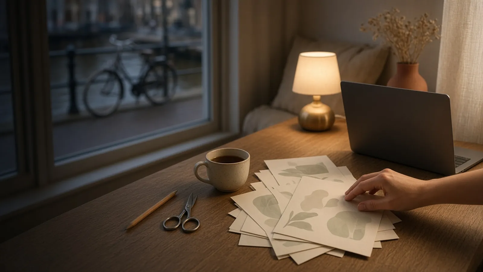 Laat op de avond aan de eettafel: een laptop van opzij met het scherm weggedraaid, een stapel afgekeurde proefprints van een kleine save-the-date en een hand die er nog een bovenop legt, naast een koude kop thee onder een warme lamp