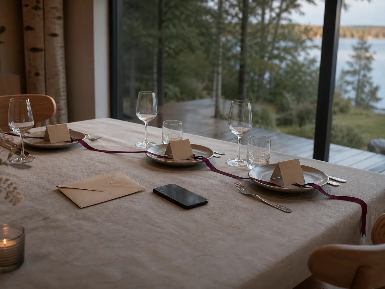 En felles konvolutt ved siden av tre bordkort som viser forskjellen mellom felles og personlige invitasjonslenker