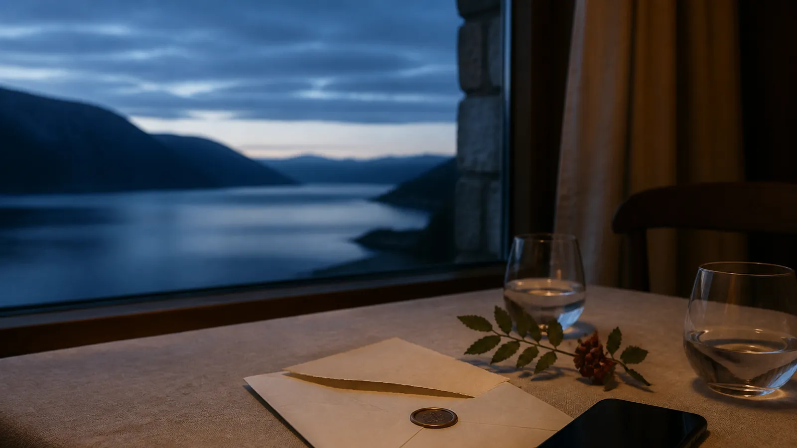 En åpen kremfarget konvolutt og en mobiltelefon på et dekket bord ved en norsk fjord i skumringen