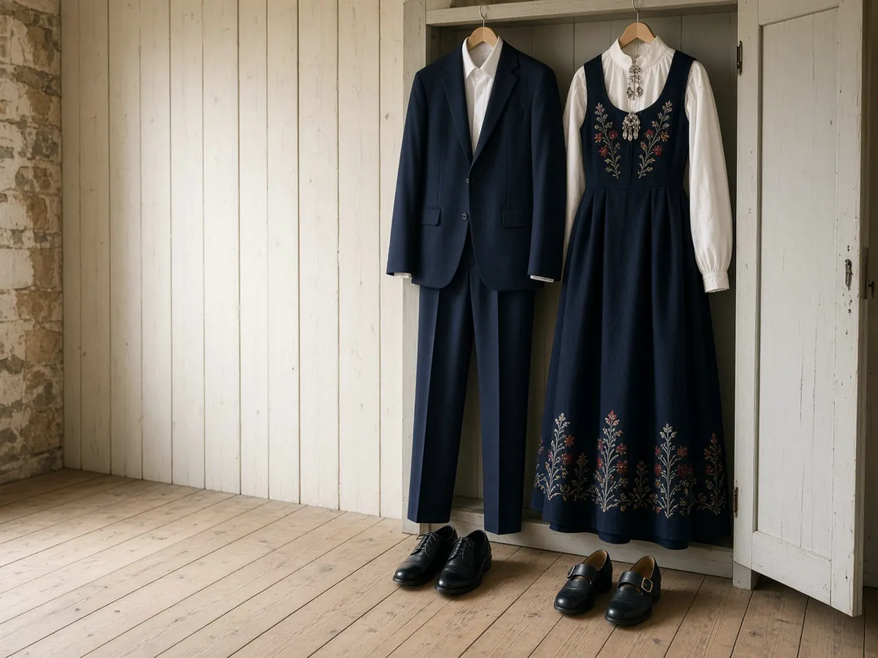 En mørkeblå dress og en mørk bunad med broderier og sølje henger side om side i et åpent garderobeskap, med svarte sko på gulvet under