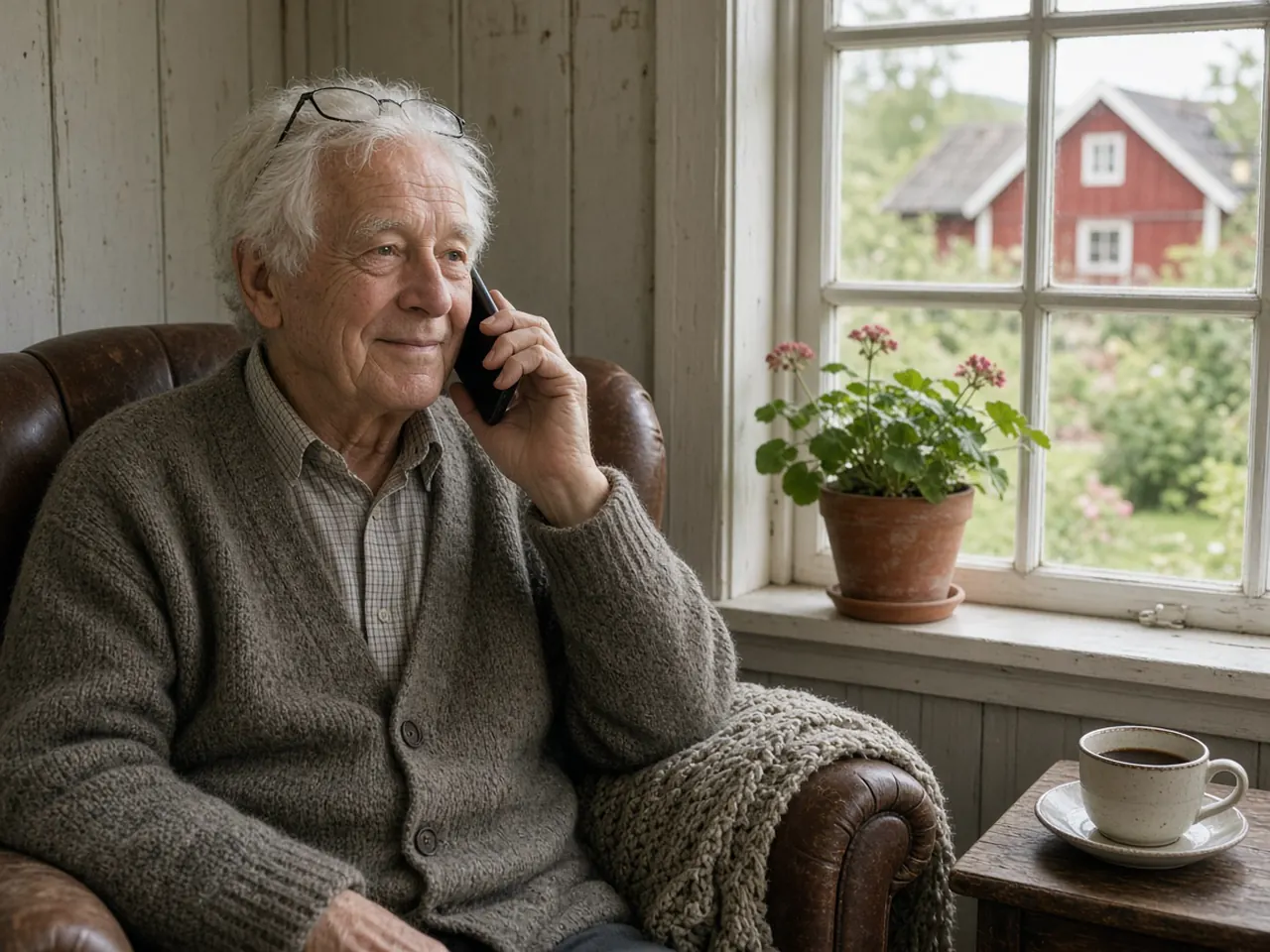 En eldre mann i ullkofte sitter i en skinnstol ved et vindu med pelargonia og snakker smilende i mobilen