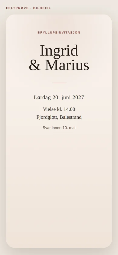 Et bildekort med navn, dato, klokkeslett, sted og svarfrist vist i et smalt mobilformat