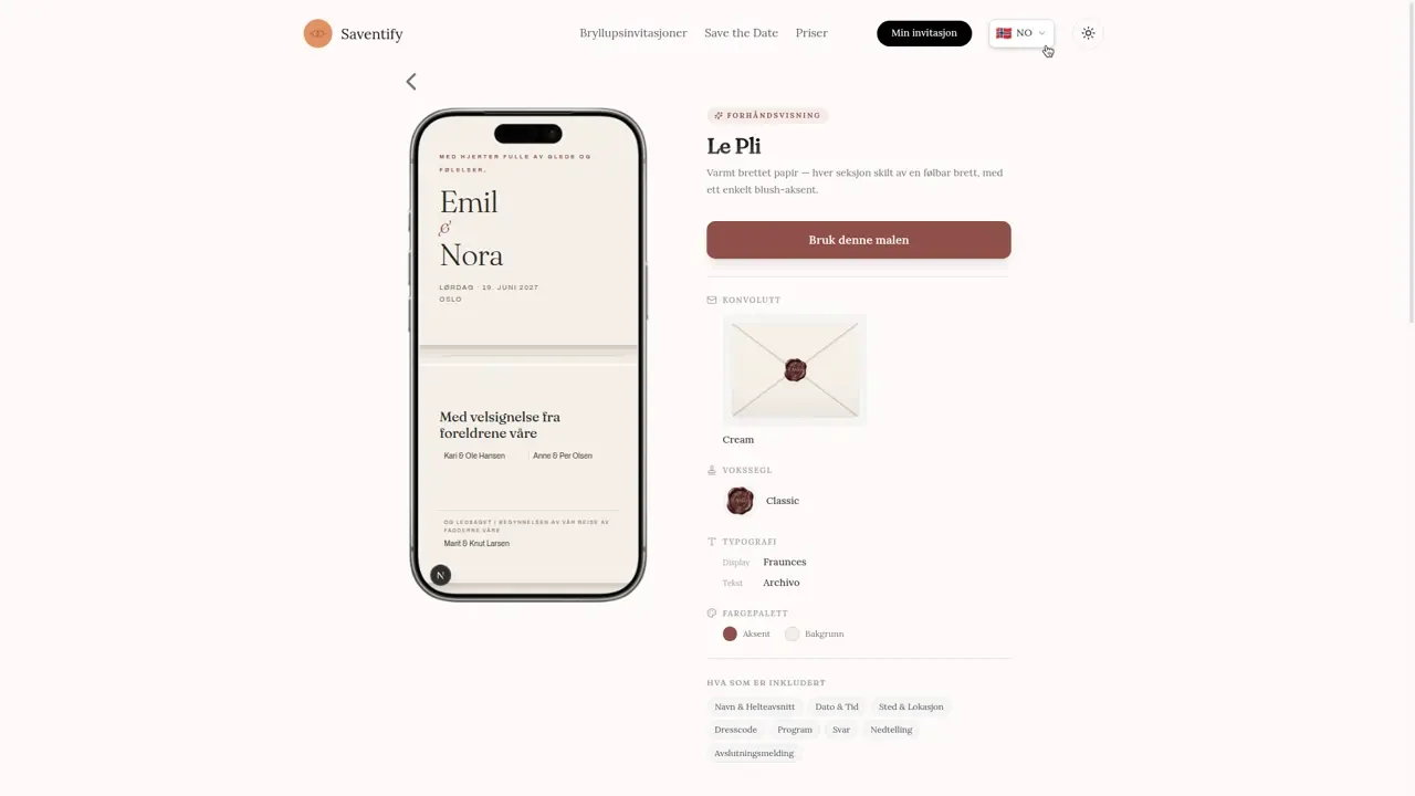 Le Pli-produktsiden på norsk med en mobilvisning av invitasjonen, valg av konvolutt og knappen Bruk denne malen