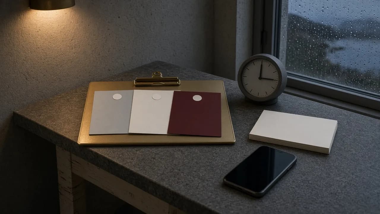 Tre blanke kort med samme runde markør ligger på en messingplate ved siden av en klokke og en mobil