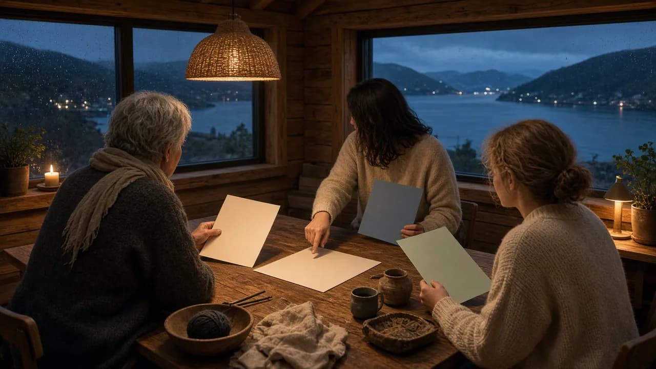 Tre voksne i to aldersgrupper sammenligner blanke invitasjonsark i tre farger rundt et trebord i en fjordhytte