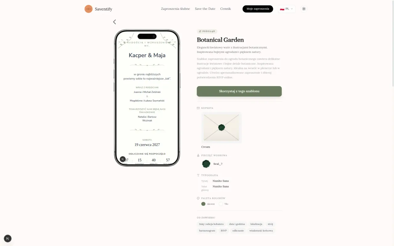 Polski podgląd szablonu Botanical Garden z zaproszeniem wyświetlonym na telefonie