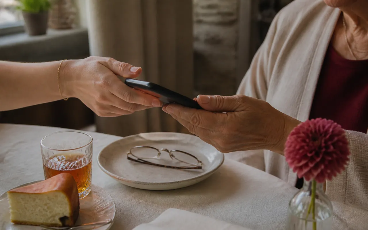 Młodsza osoba podaje telefon starszej kobiecie podczas testowania zaproszenia ślubnego