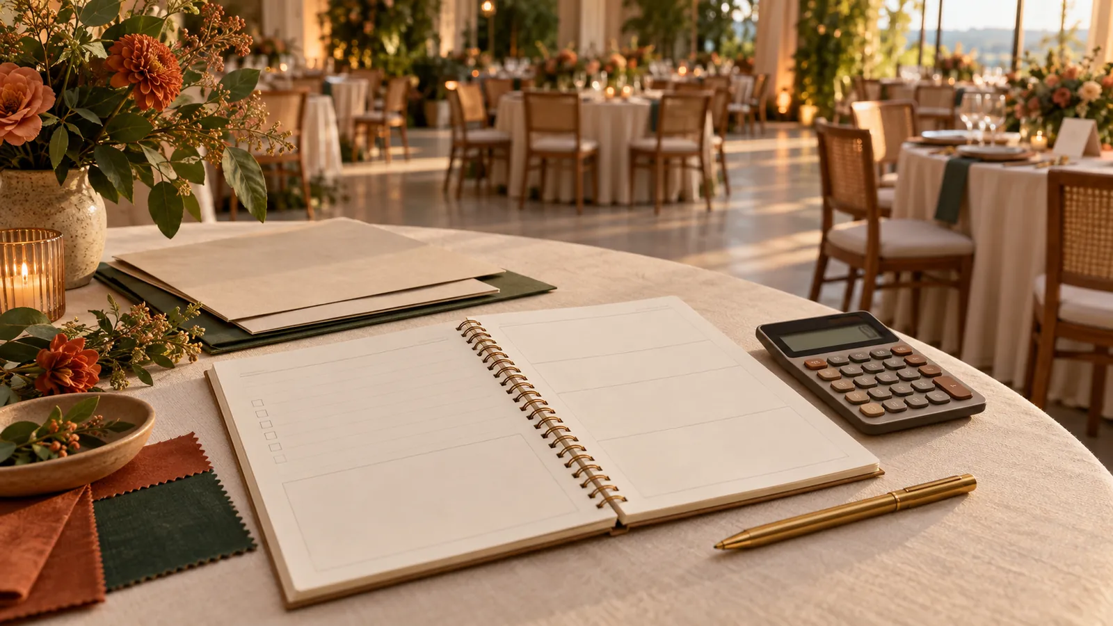 Caderno de orçamento em branco e calculadora sobre uma mesa diante de um salão de casamento com mesas redondas.