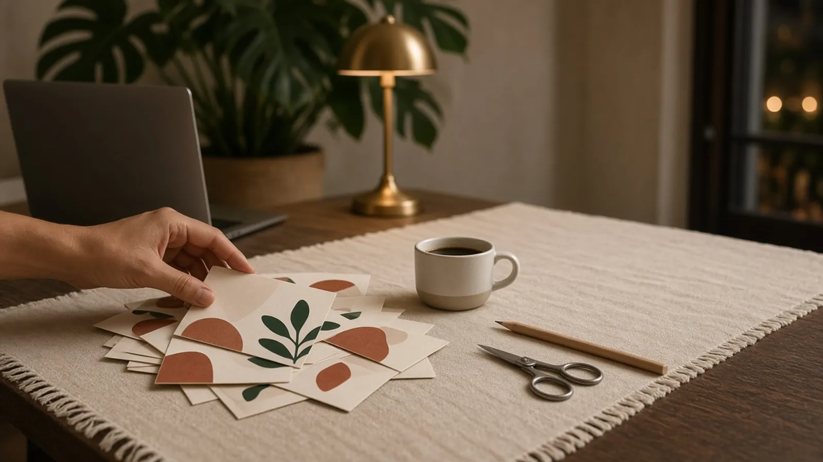 Mesa de casa à noite com um notebook de lado e a tela virada, uma pilha de provas impressas de um pequeno save the date, uma mão colocando mais uma prova, uma xícara de café e um abajur aceso