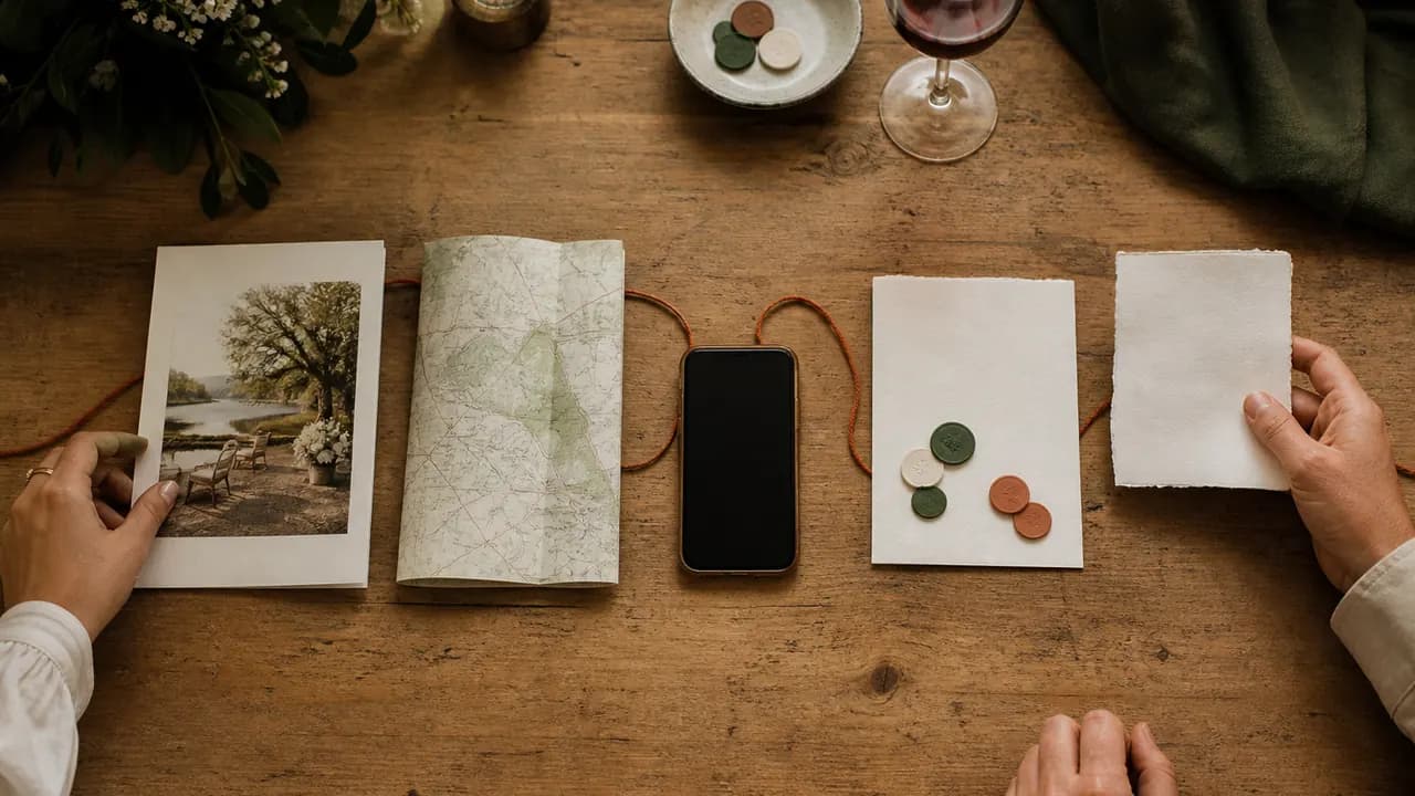 Fotografia de convite, mapa dobrado, celular apagado, cartões brancos e marcadores sobre uma mesa