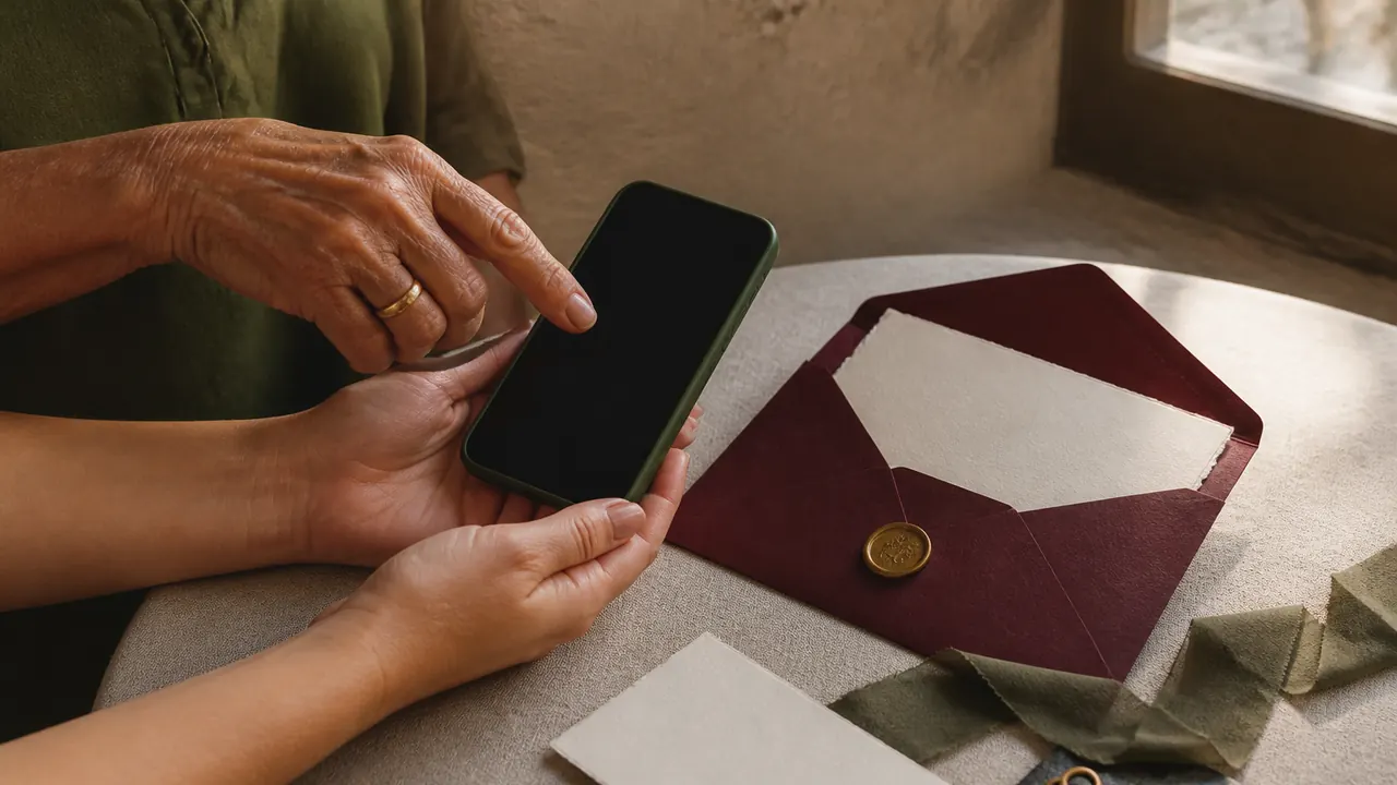 Duas gerações consultam um celular ao lado de um envelope de casamento aberto