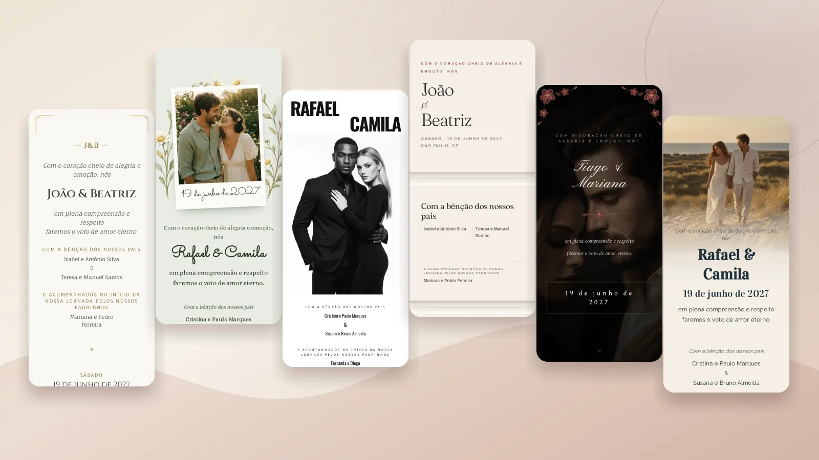 Seis prévias verticais de convites digitais de casamento aparecem lado a lado