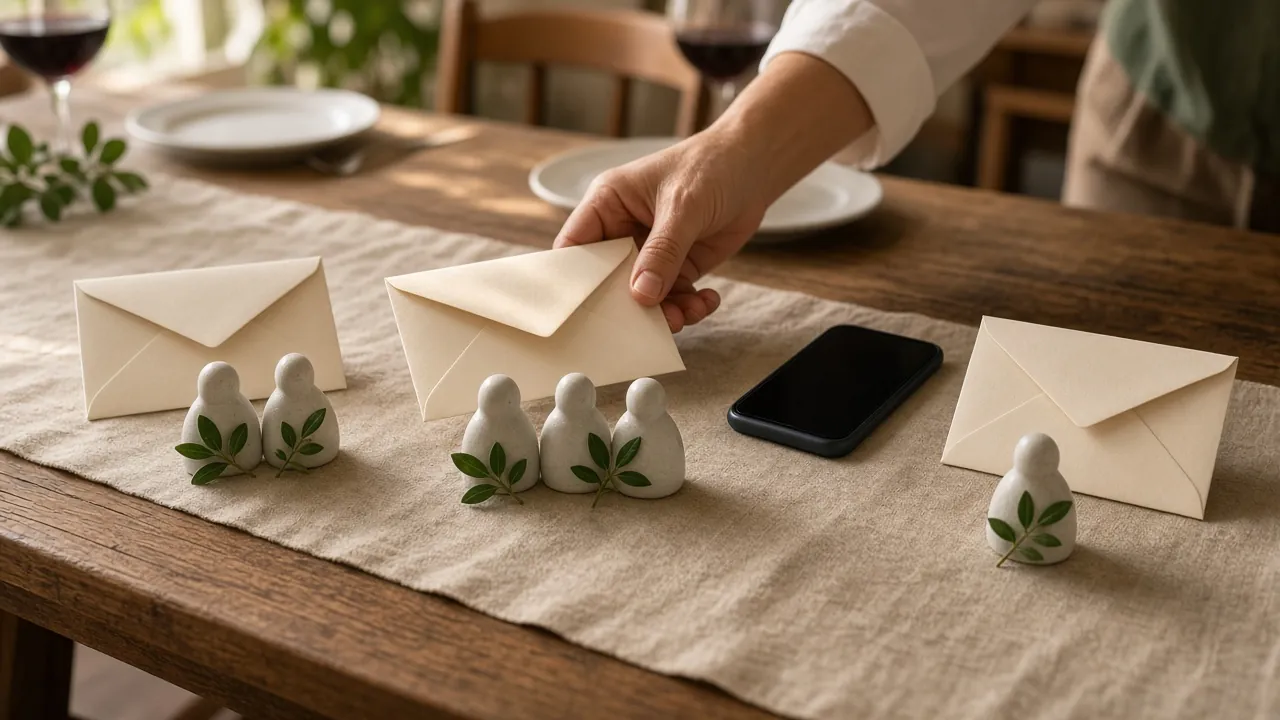 Três envelopes representam um casal, uma família de três pessoas e um convidado individual ao redor de um celular