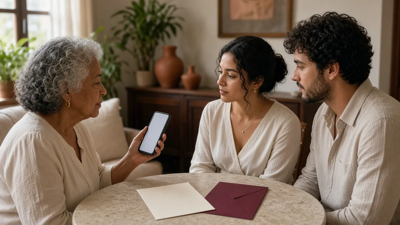 Mulher mais velha segura um celular enquanto um casal observa sem apontar para a tela