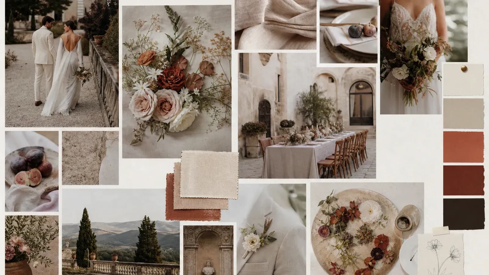 Moodboard de nuntă cu mostre de culori, flori și tipografie pentru alegerea tematicii
