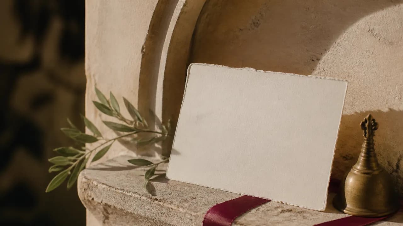 Carte de invitație crem, cu margini filate, așezată într-o nișă de calcar a unui conac, lângă alamă antichizată și o panglică bordo