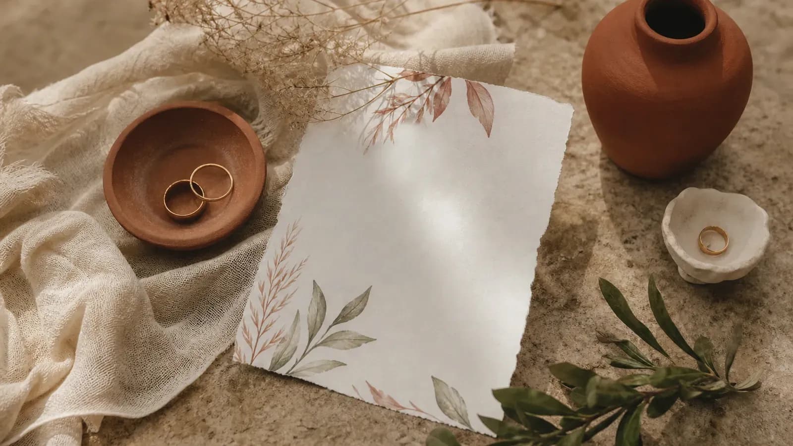 Invitație digitală așezată lângă flori și textile în aceeași paletă de teracotă, crem și verde stins