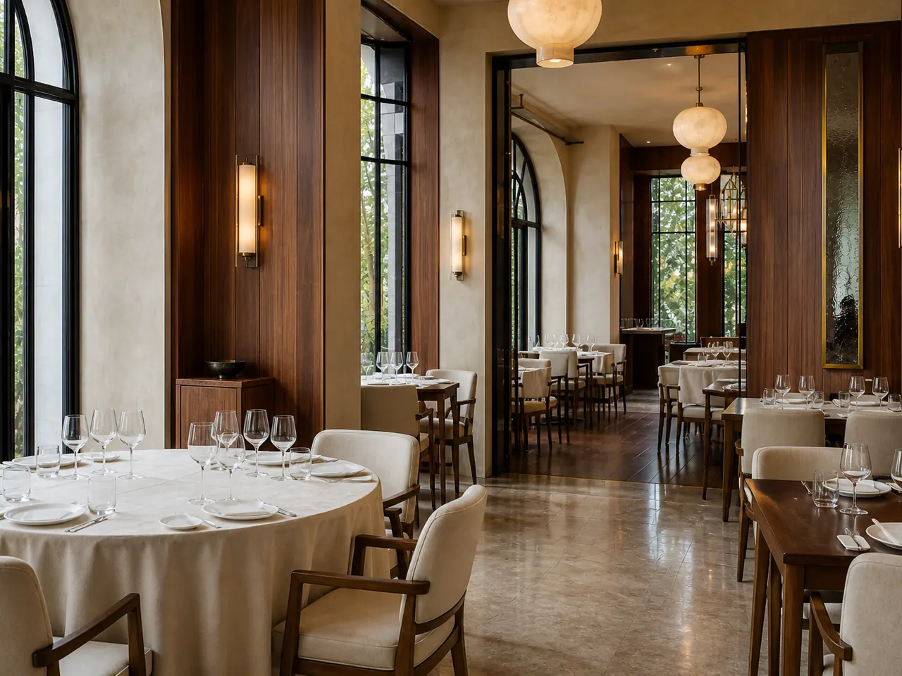 Restaurant european elegant, amenajat cu mese și fotolii, înainte de decorul specific nunții
