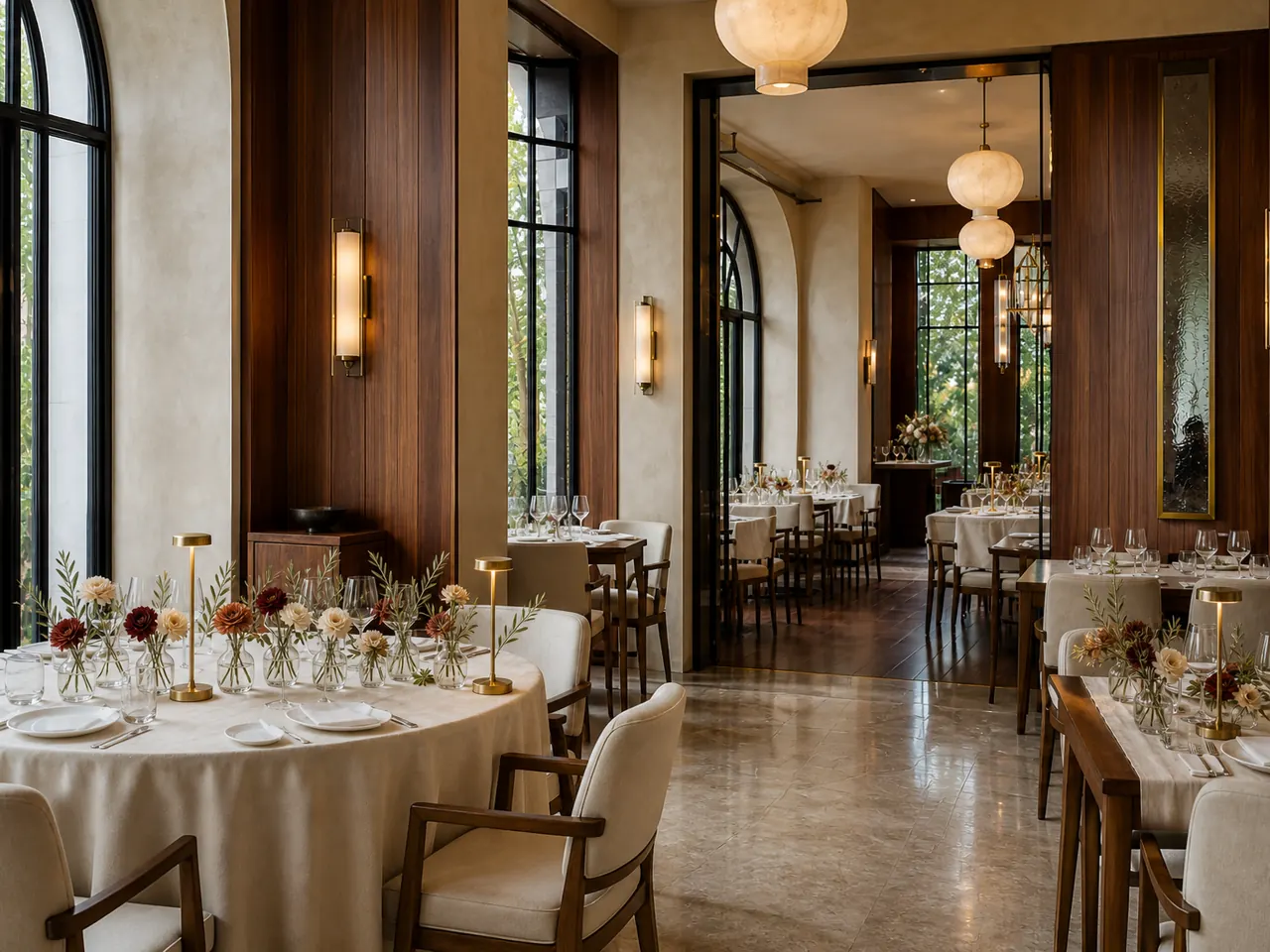 Același restaurant cu decor de nuntă concentrat în zonele vizibile și circulația păstrată liberă