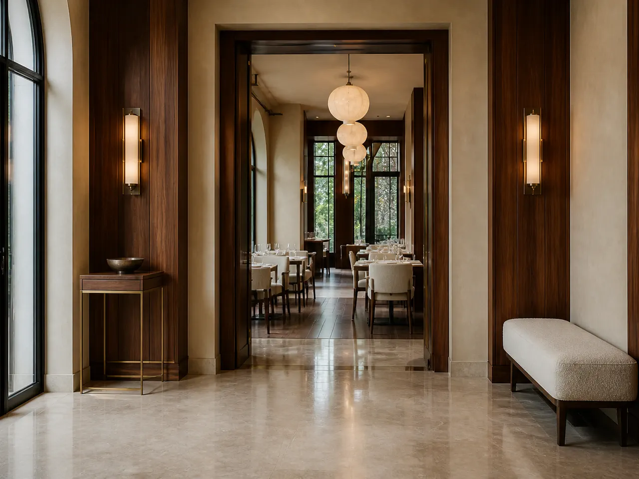 Foaier elegant de restaurant, cu lambriuri din nuc și calcar, înainte de decorul de nuntă