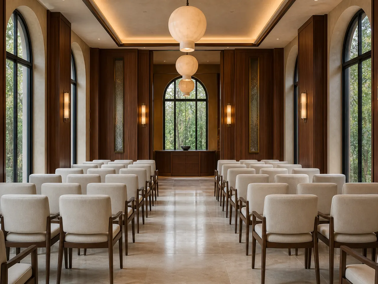 Salon elegant de restaurant, cu scaune așezate pentru ceremonie, înainte de decorul floral