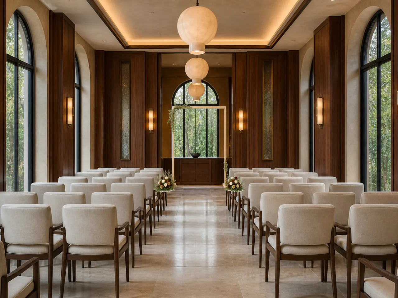 Același salon cu un cadru pentru ceremonie, verdeață asimetrică și două aranjamente joase