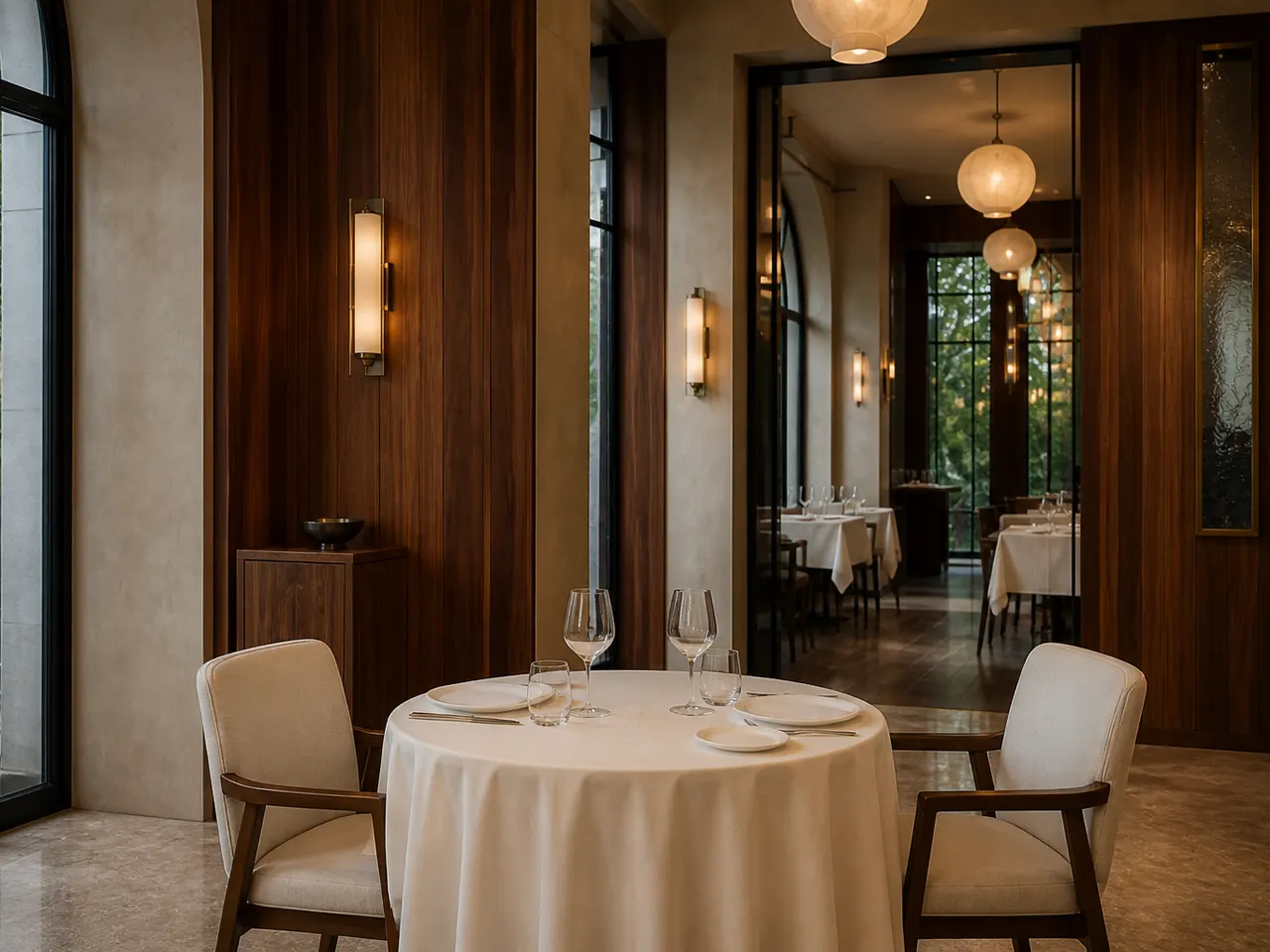 Masă elegantă pentru miri, pregătită în restaurant înainte de adăugarea decorului floral