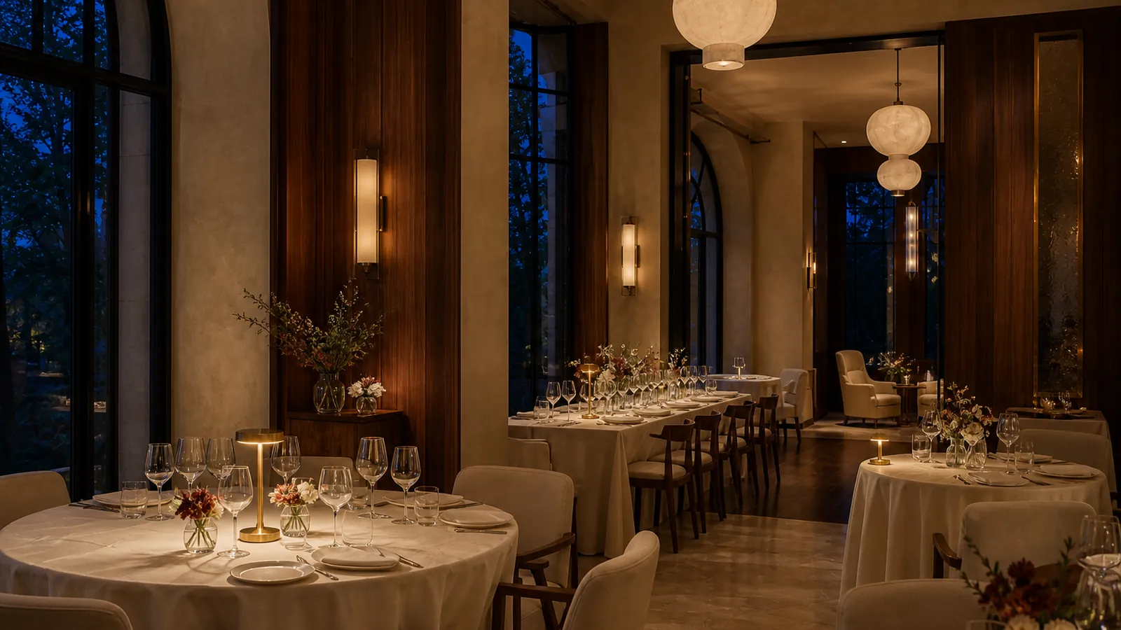 Restaurant european elegant, decorat pentru nuntă cu flori discrete, in ivoire și lumină caldă
