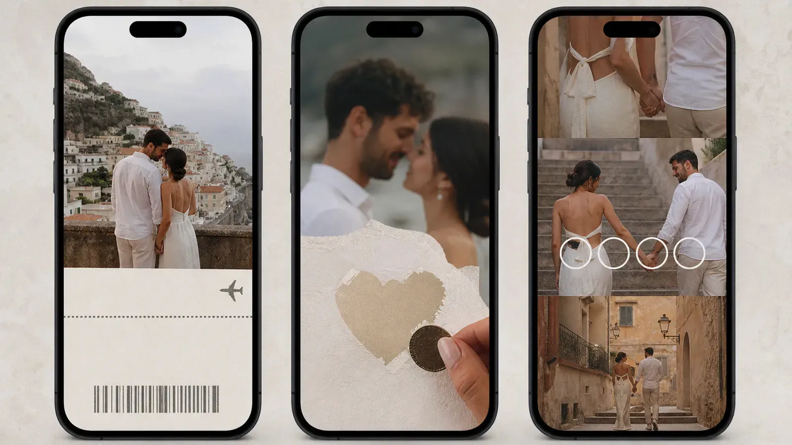 Câteva formate de save-the-date digital pe telefon: boarding pass, răzuibil și numărătoare inversă