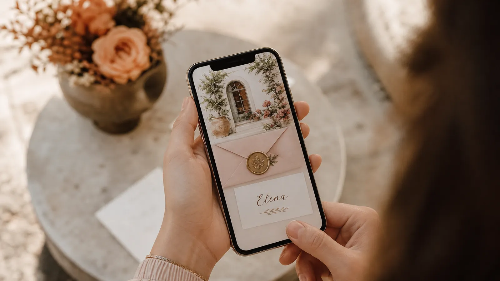 Invitatie de nunta online deschisa pe un telefon, cu plic animat si numele invitatului