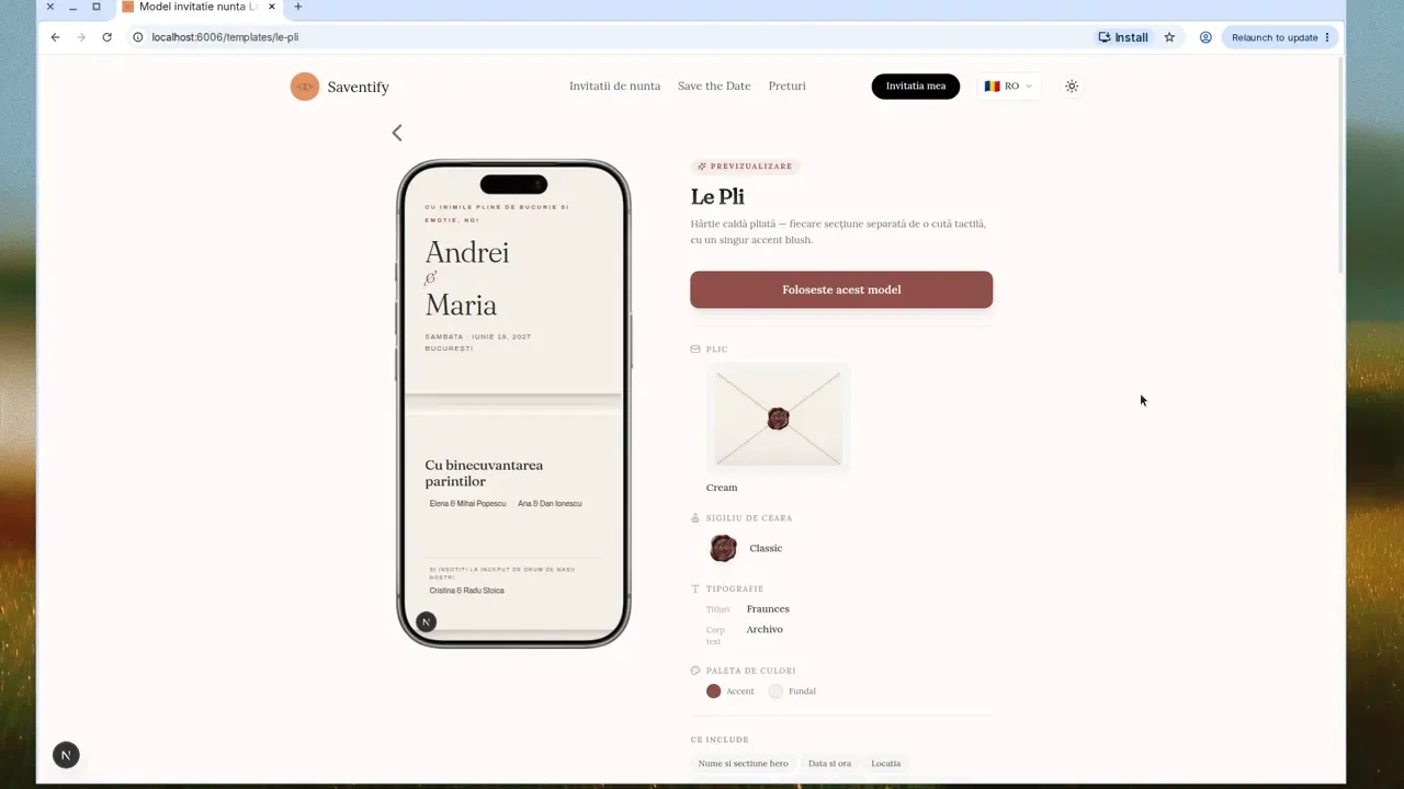 Pagina reală a modelului Le Pli, cu invitația românească previzualizată pe telefon