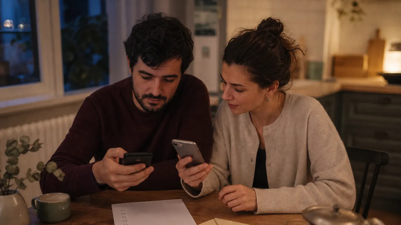 Un cuplu verifică aceeași invitație pe două telefoane diferite