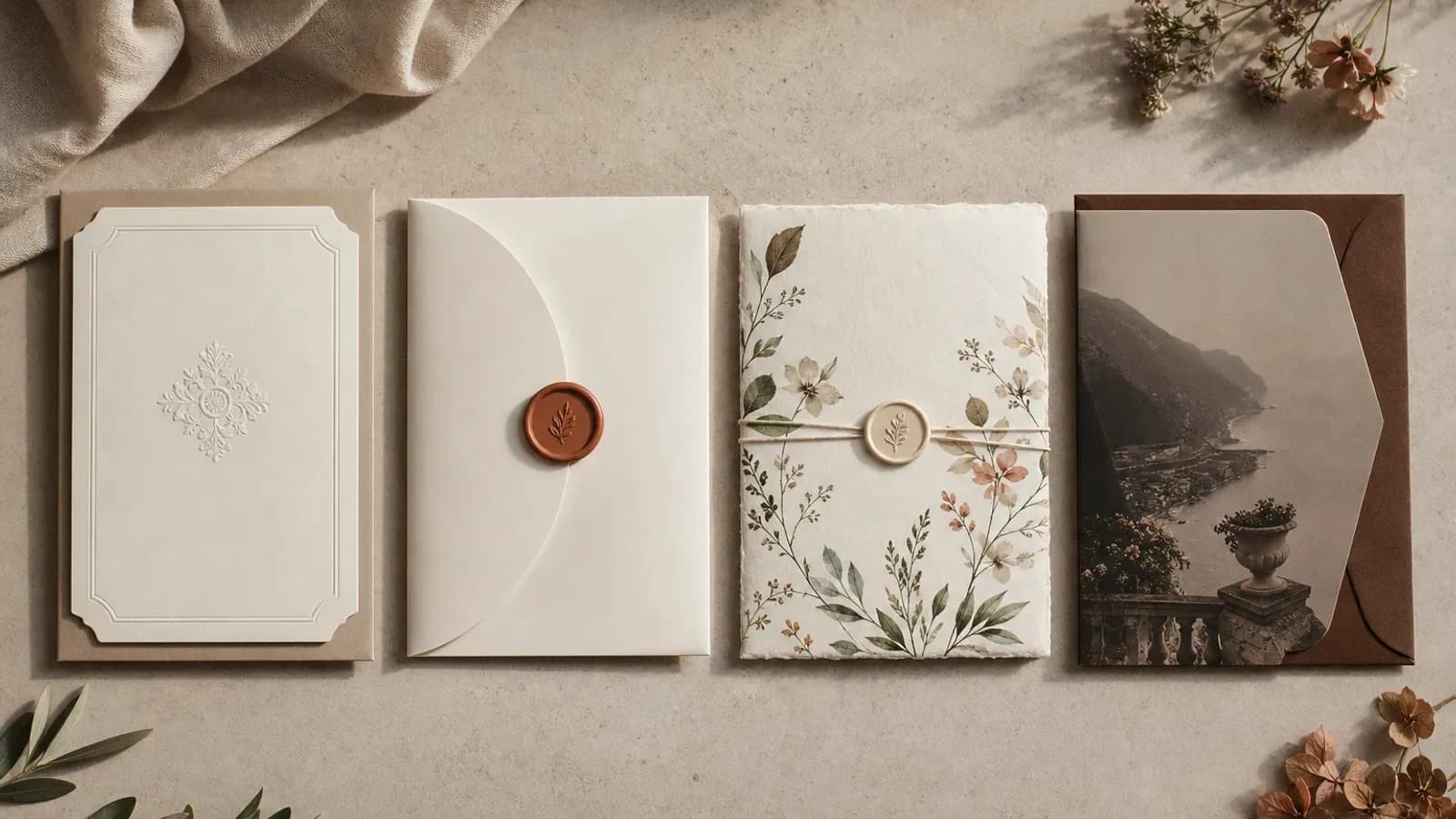 Mai multe modele de invitații de nuntă așezate alături: clasic, modern, botanic și cinematic