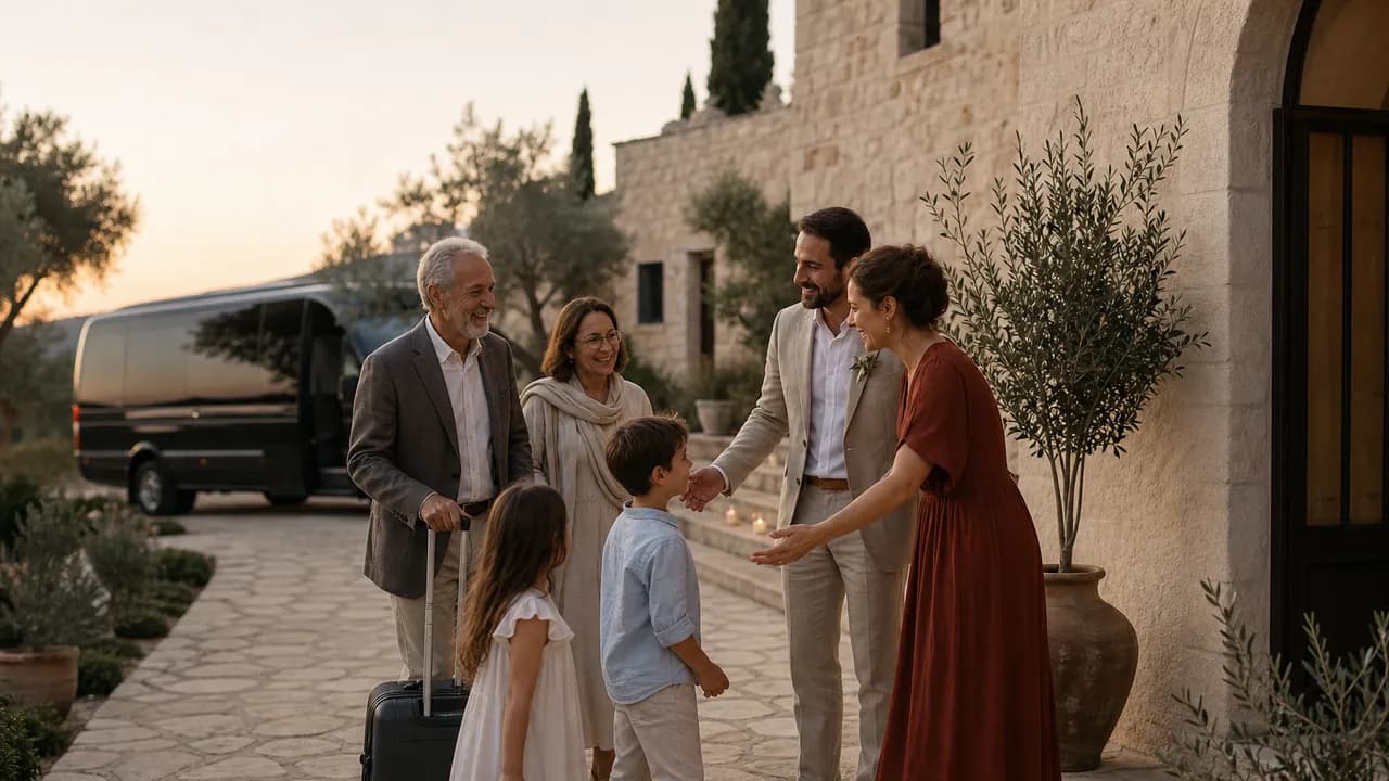 O familie cu copii și bagaje este întâmpinată la o locație mediteraneeană