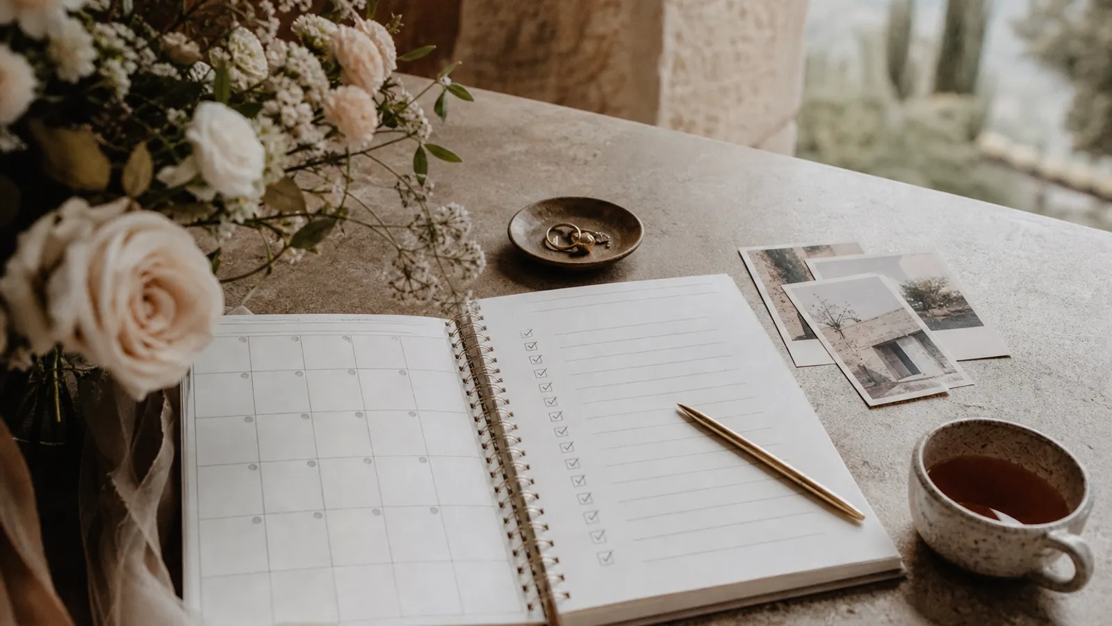 Agenda de planificare a nuntii cu un calendar si o lista de sarcini bifate