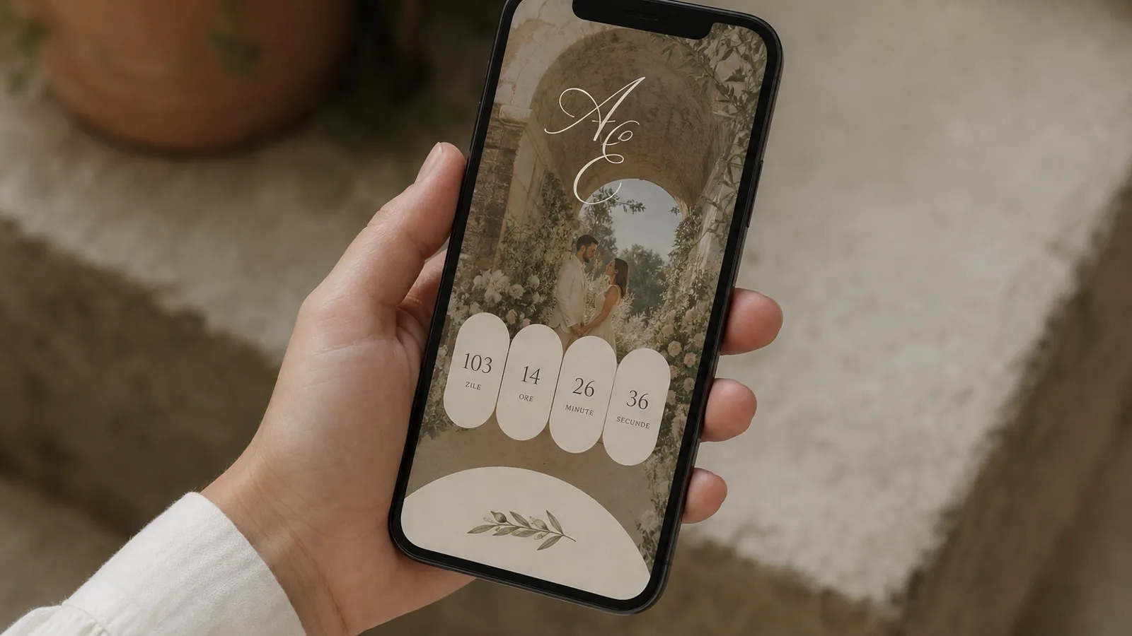 Save the date digital pe un telefon, cu o numaratoare inversa si numele mirilor