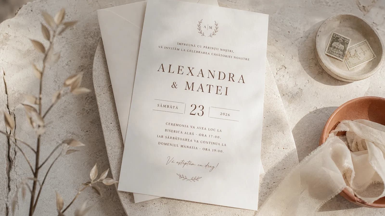 Text de invitatie de nunta asezat elegant pe un model digital, cu nume si data