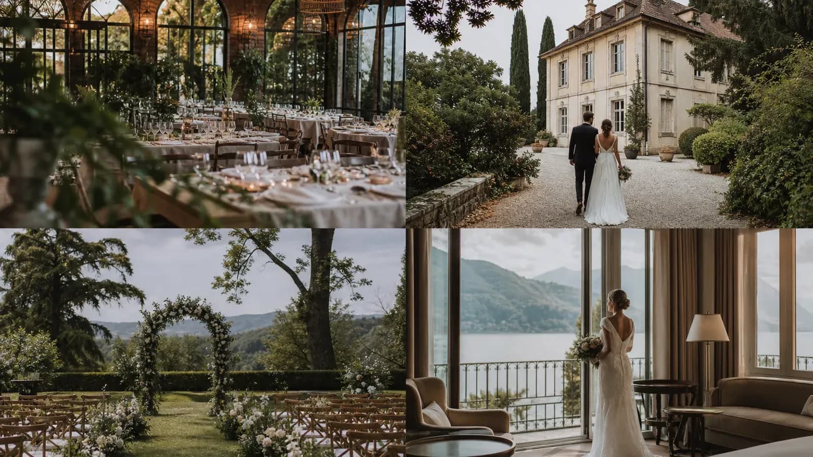 Colaj cu tipuri de locații de nuntă: restaurant, conac, grădină și hotel