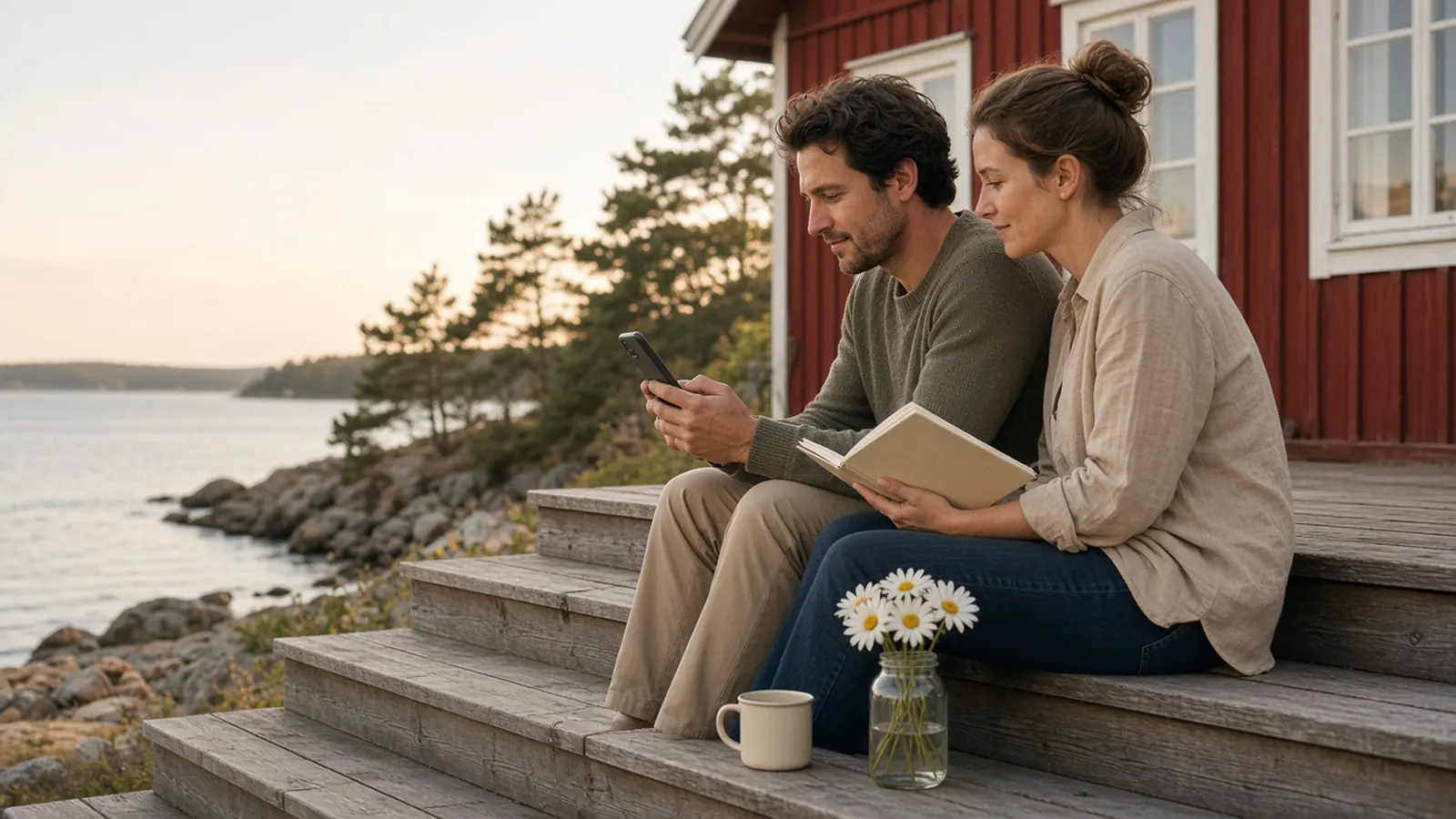 Ett par sitter på trätrappan till en röd stuga vid havet, den ena med en mobil i handen och den andra med en anteckningsbok, bredvid en burk med prästkragar