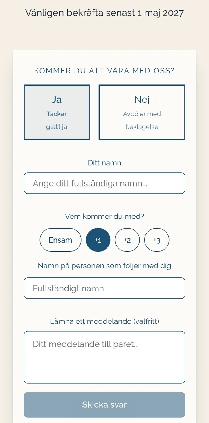 Svenskt OSA-formulär efter valet Ja, med fält för gästens namn, valen Ensam, +1, +2 och +3 och ett fält för namnet på den som följer med