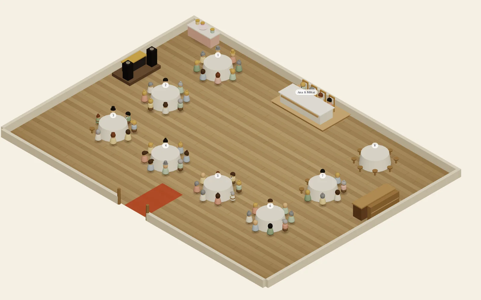 Salão clássico · O mapa de mesas visual da Saventify: um salão de casamento à escala com mesas redondas, convidados sentados e a mesa dos noivos