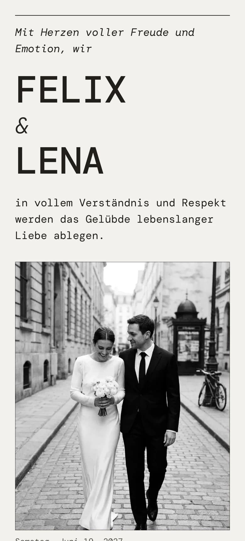 Vorschau der Hochzeitseinladungsvorlage Editorial Mono II