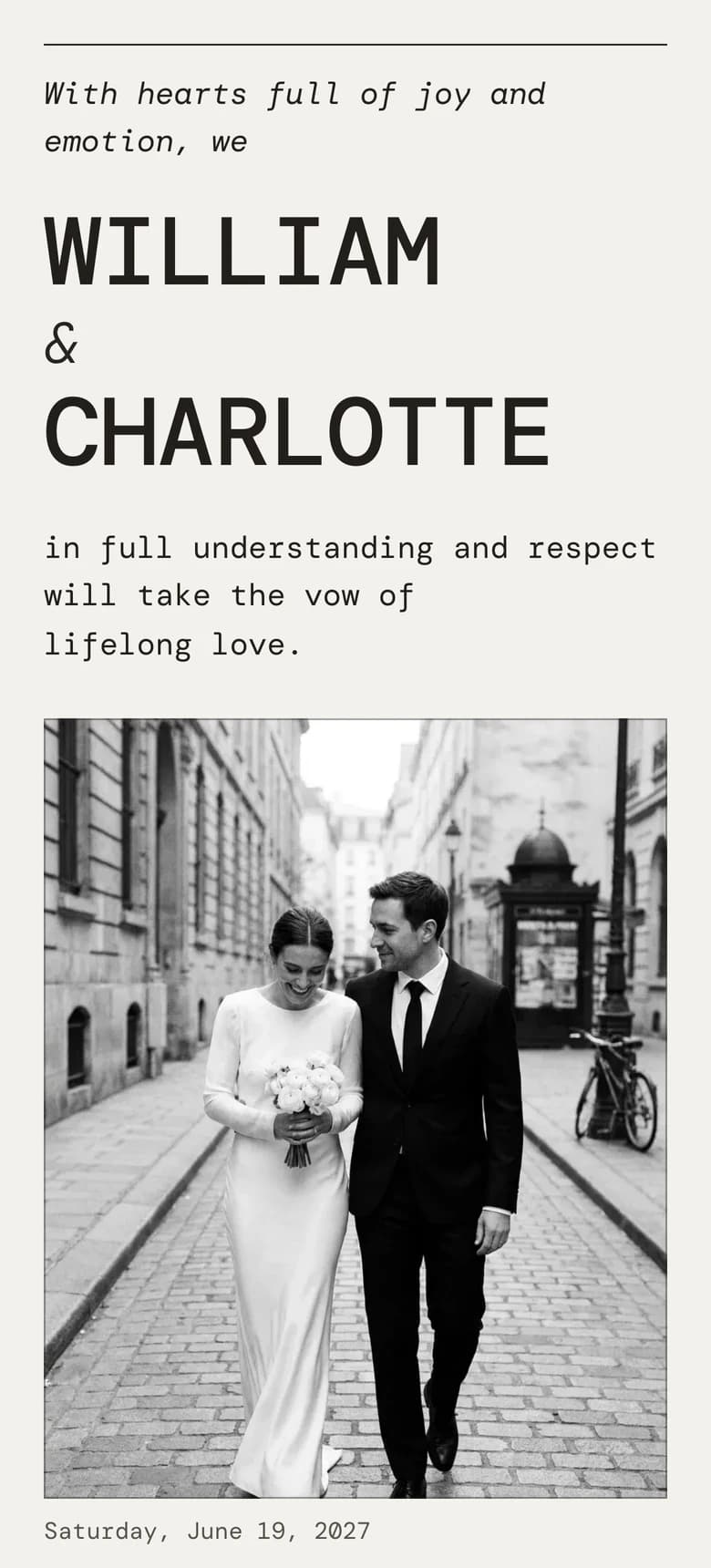 Editorial Mono II wedding invitation template preview