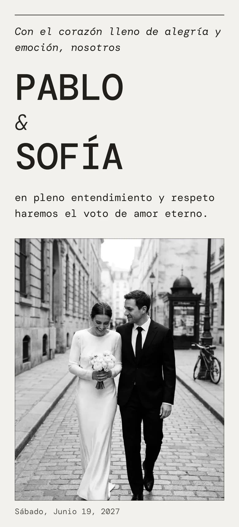 Vista previa de la plantilla de invitación de boda Editorial Mono II