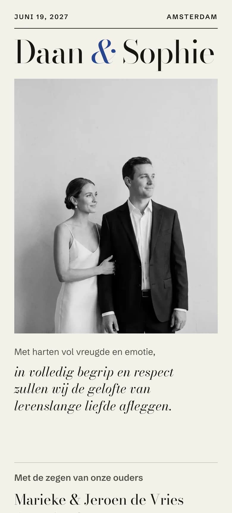 Voorbeeld van de trouwuitnodiging Editorial Minimalist II