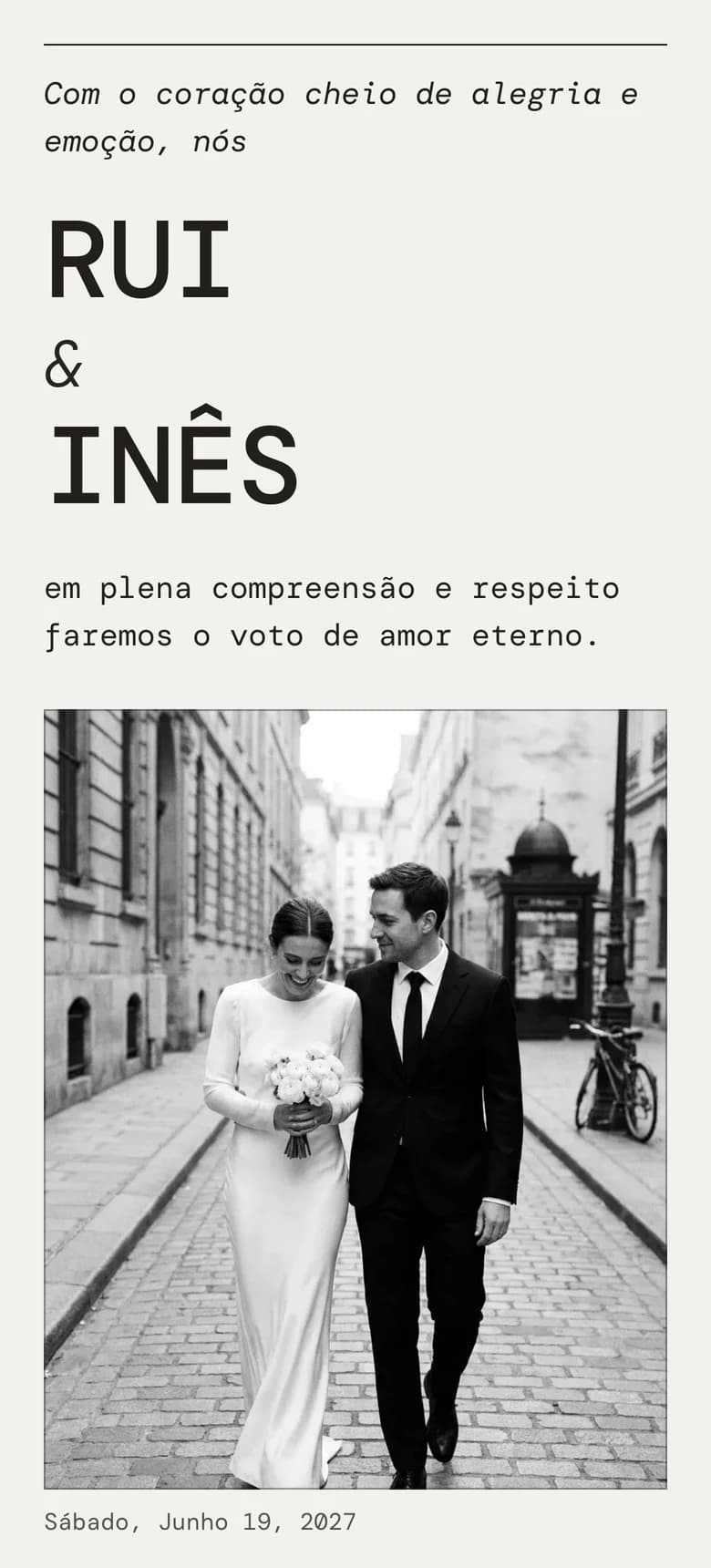 Pré-visualização do modelo de convite de casamento Editorial Mono II